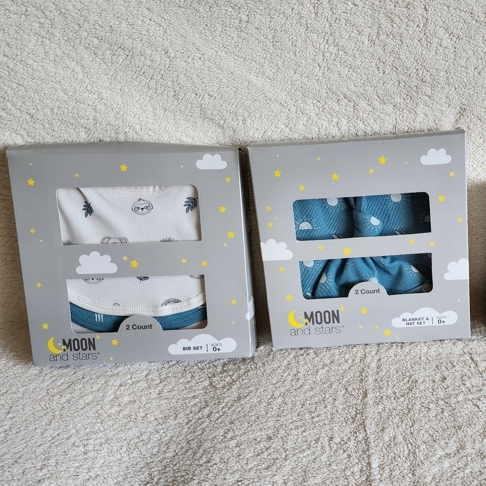 New newborn baby boy gift set bundle of blanket + hat and bib set, 100% cotton
